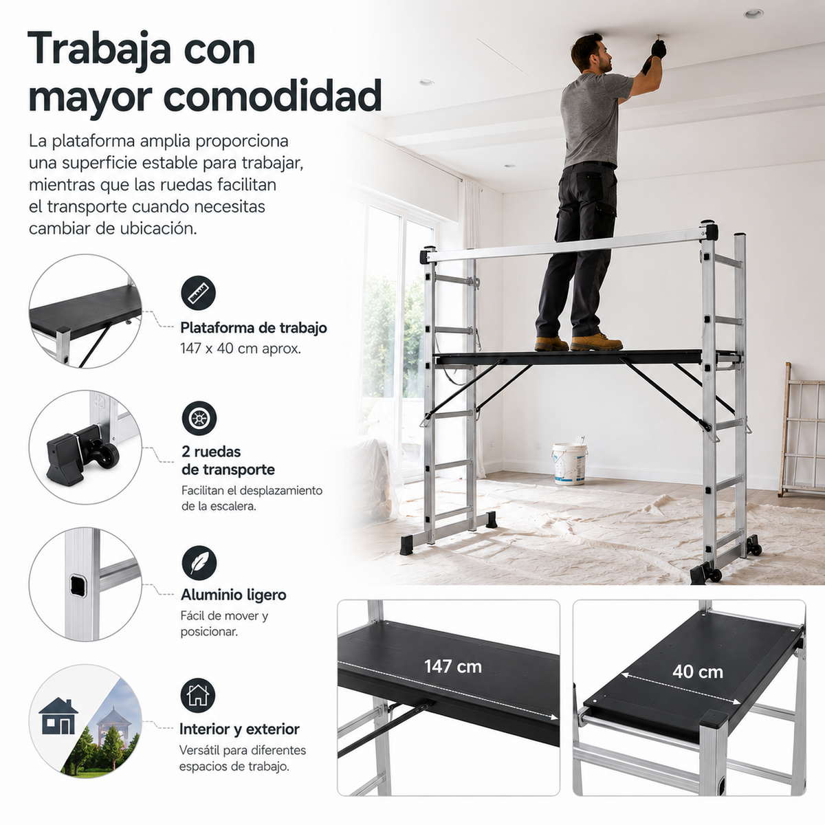 Escalera Multifunción 4 En 1 Con Plataforma Antideslizante