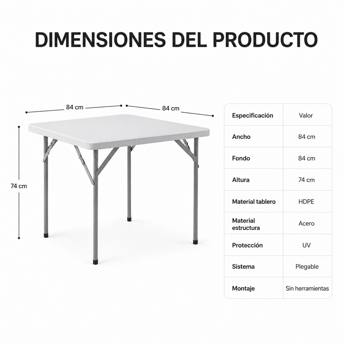 Tavolo Pieghevole Portatile 84x84x74 Cm Bianco