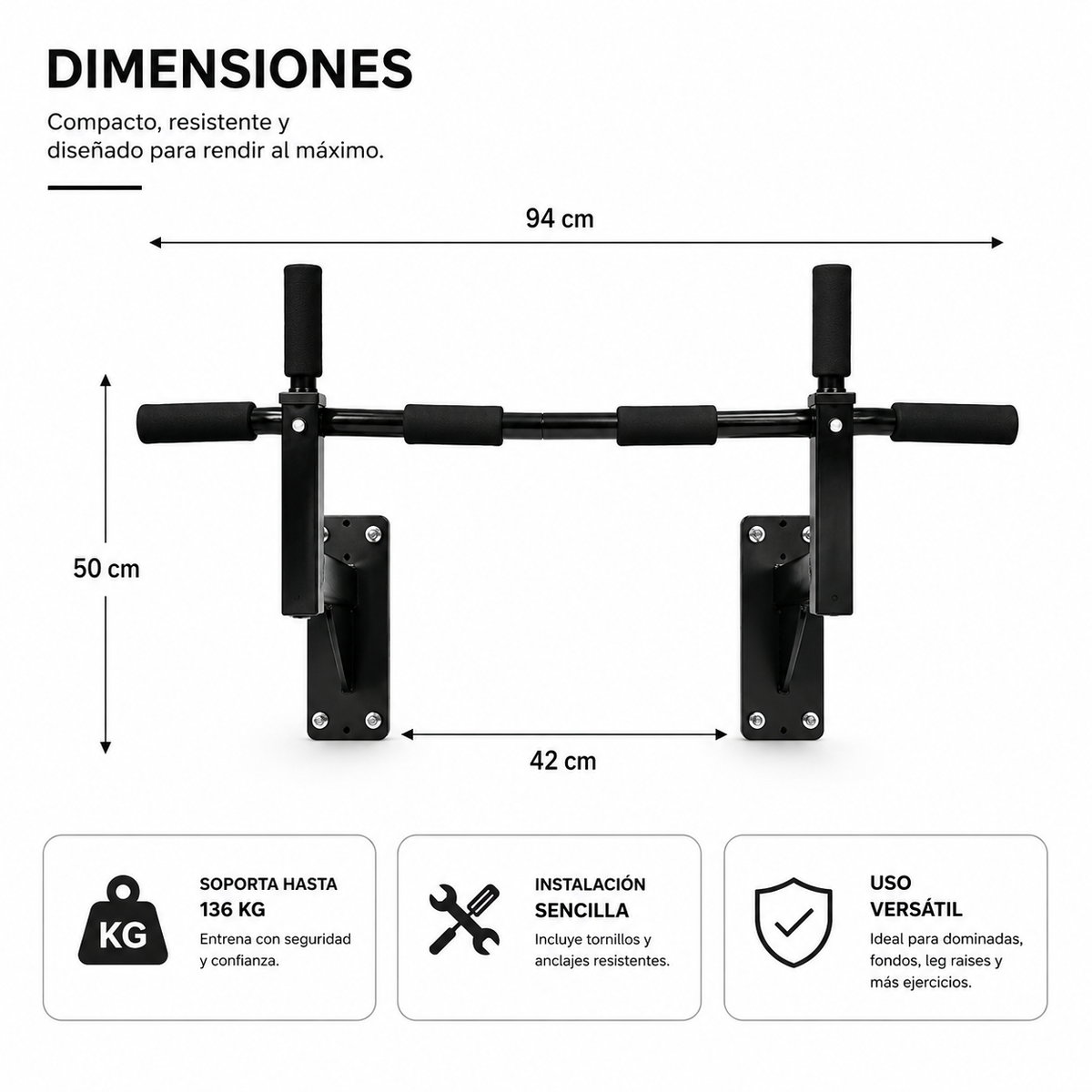 Barra de Dominadas para Pared con Agarres Antideslizantes