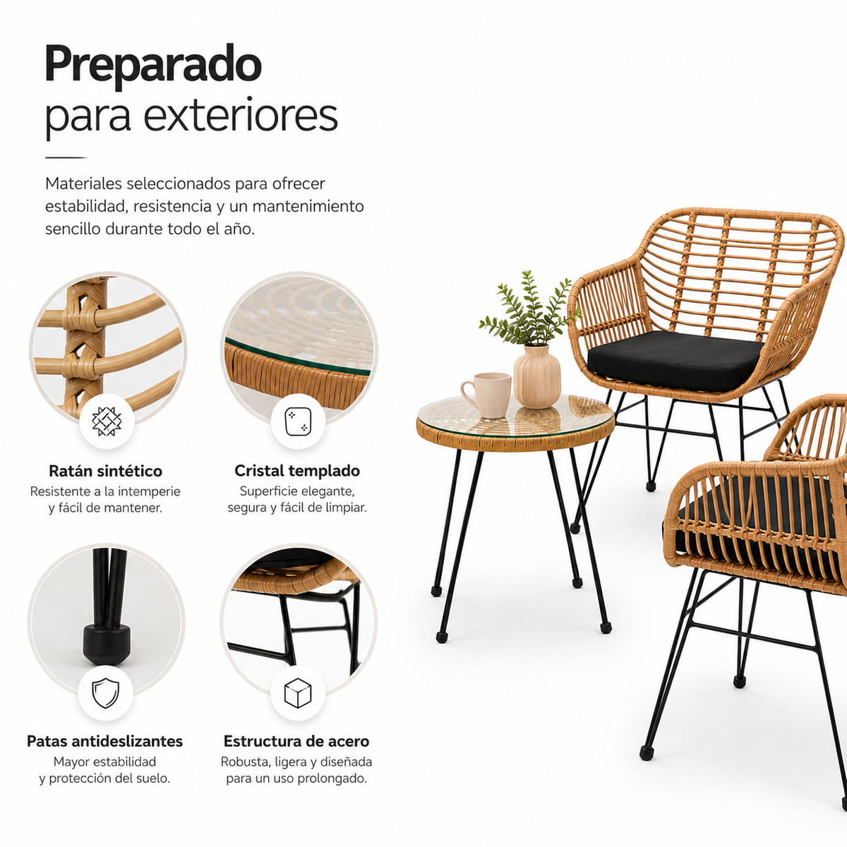 Conjunto Jardín Ratán Con 2 Sillones Y Mesa Redonda Para Terraza Y Balcón
