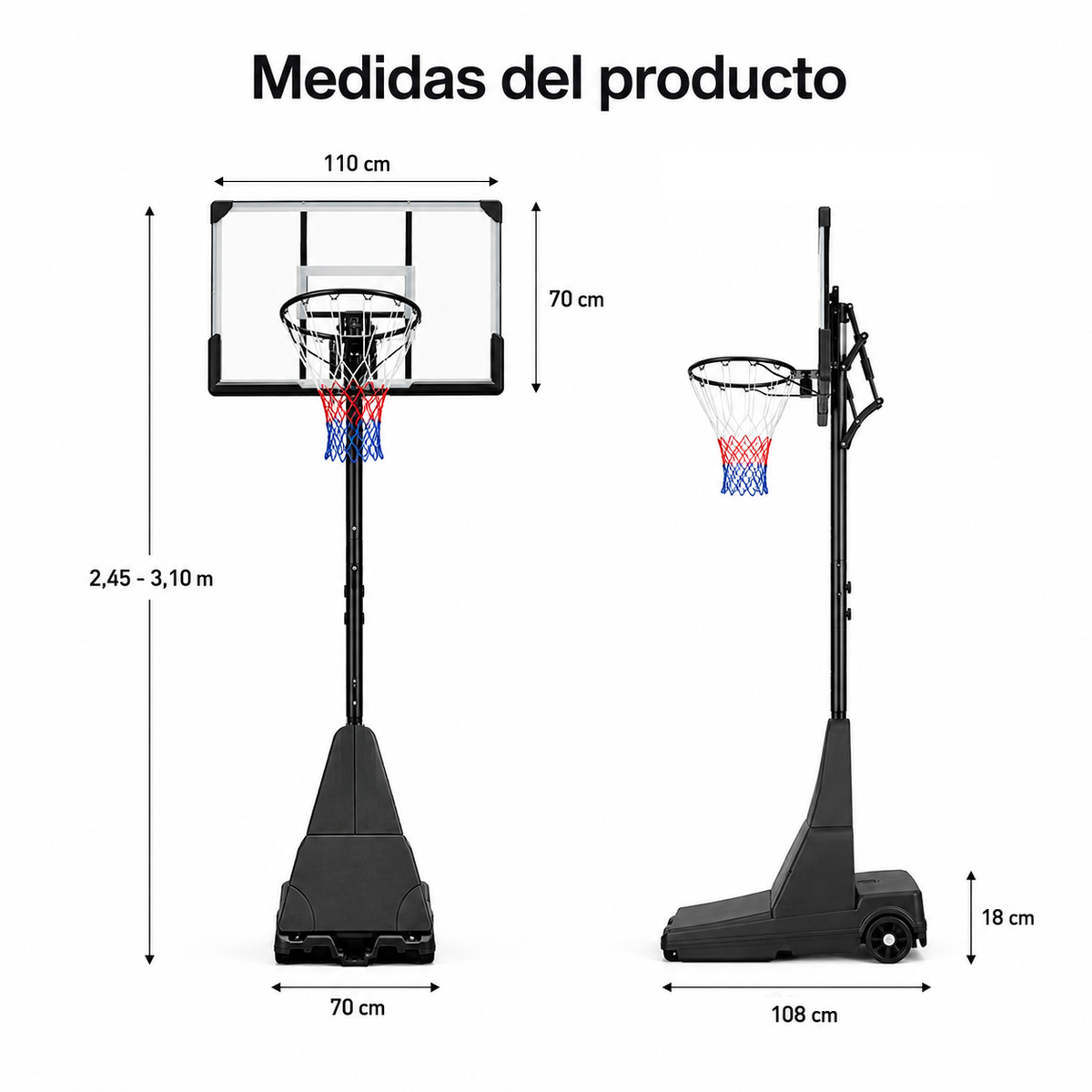 Tabela de basquetebol exterior regulável 2,45-3,1 m com rodas