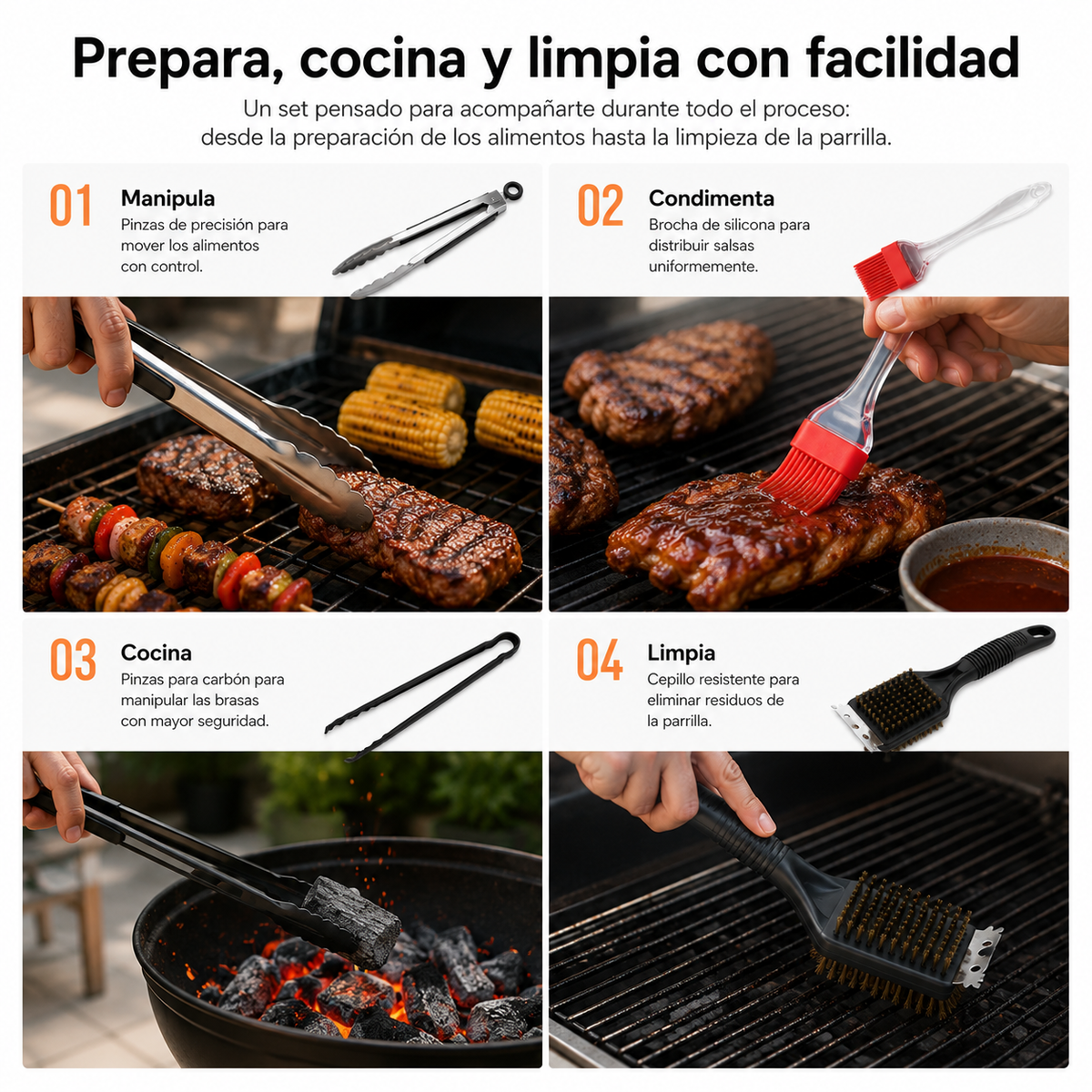 Set Profesional Utensilios Barbacoa 5 Piezas Inoxidable Mangos Silicona