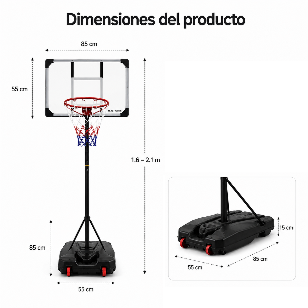 Tabela de basquetebol portátil regulável 1,6-2,1 m com base com rodas