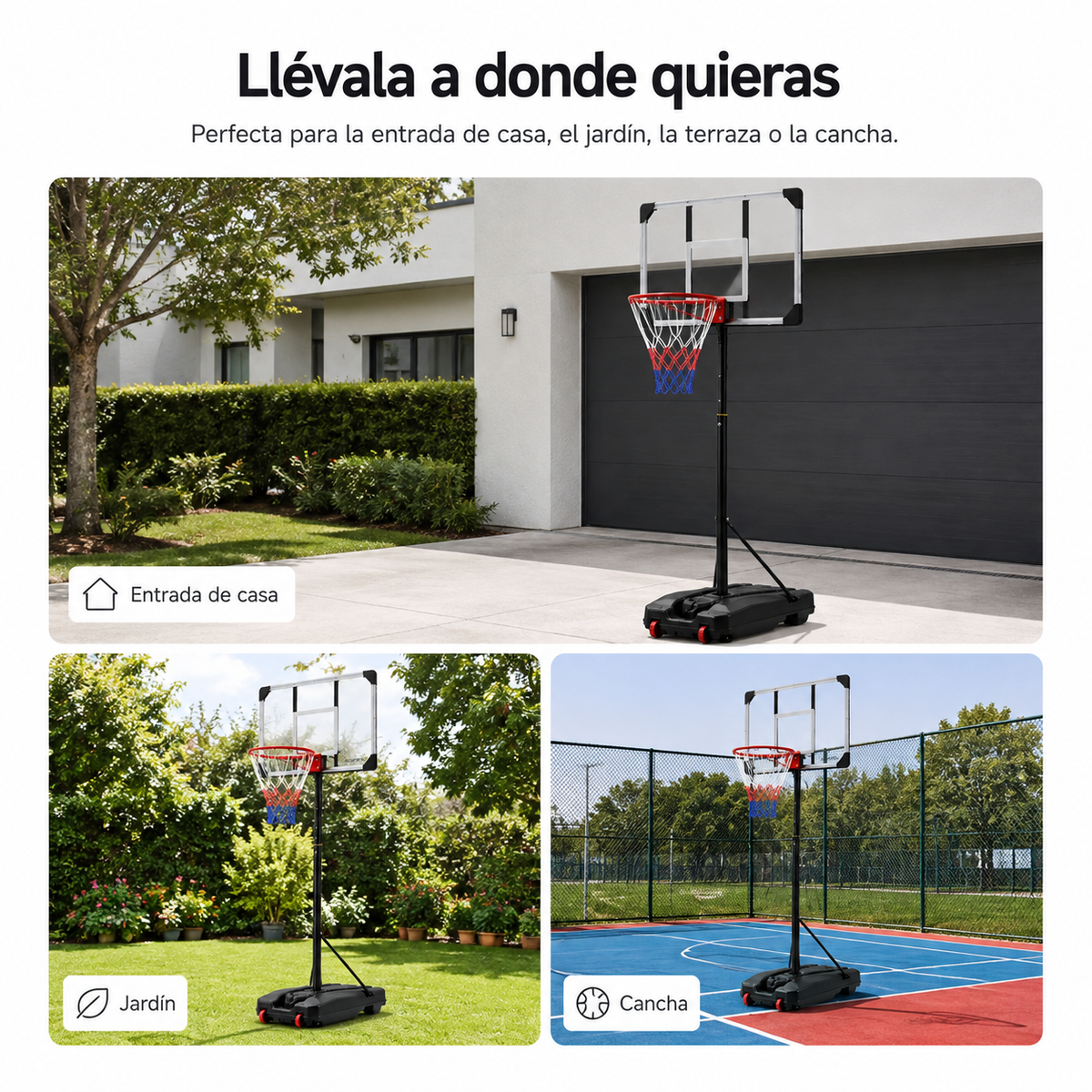 Tabela de basquetebol portátil regulável 1,6-2,1 m com base com rodas
