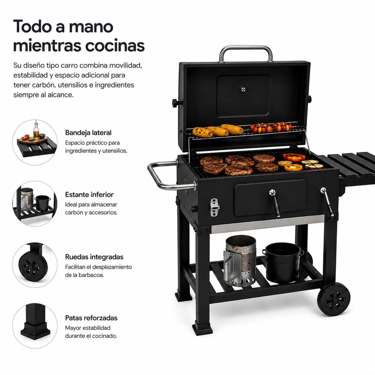 Barbacoa de Carbón Con Tapa y Carro Auxiliar