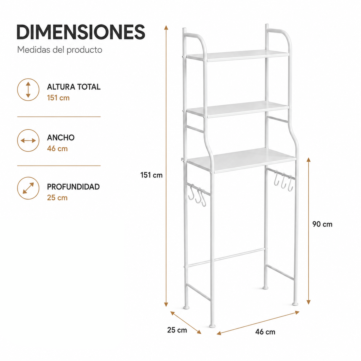 Estantería Sobre Inodoro De 3 Niveles Con Ganchos