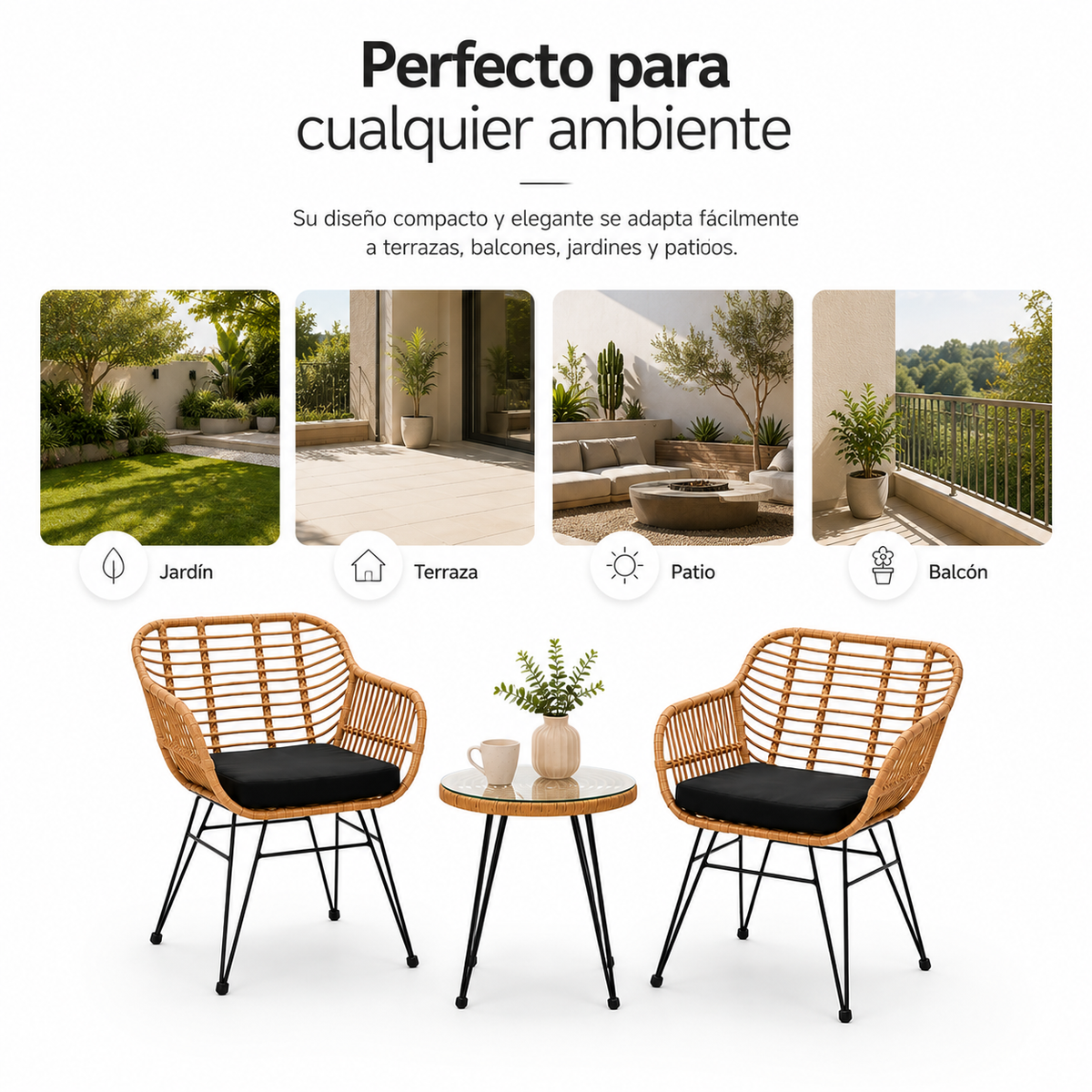 Conjunto Jardín Ratán Con 2 Sillones Y Mesa Redonda Para Terraza Y Balcón