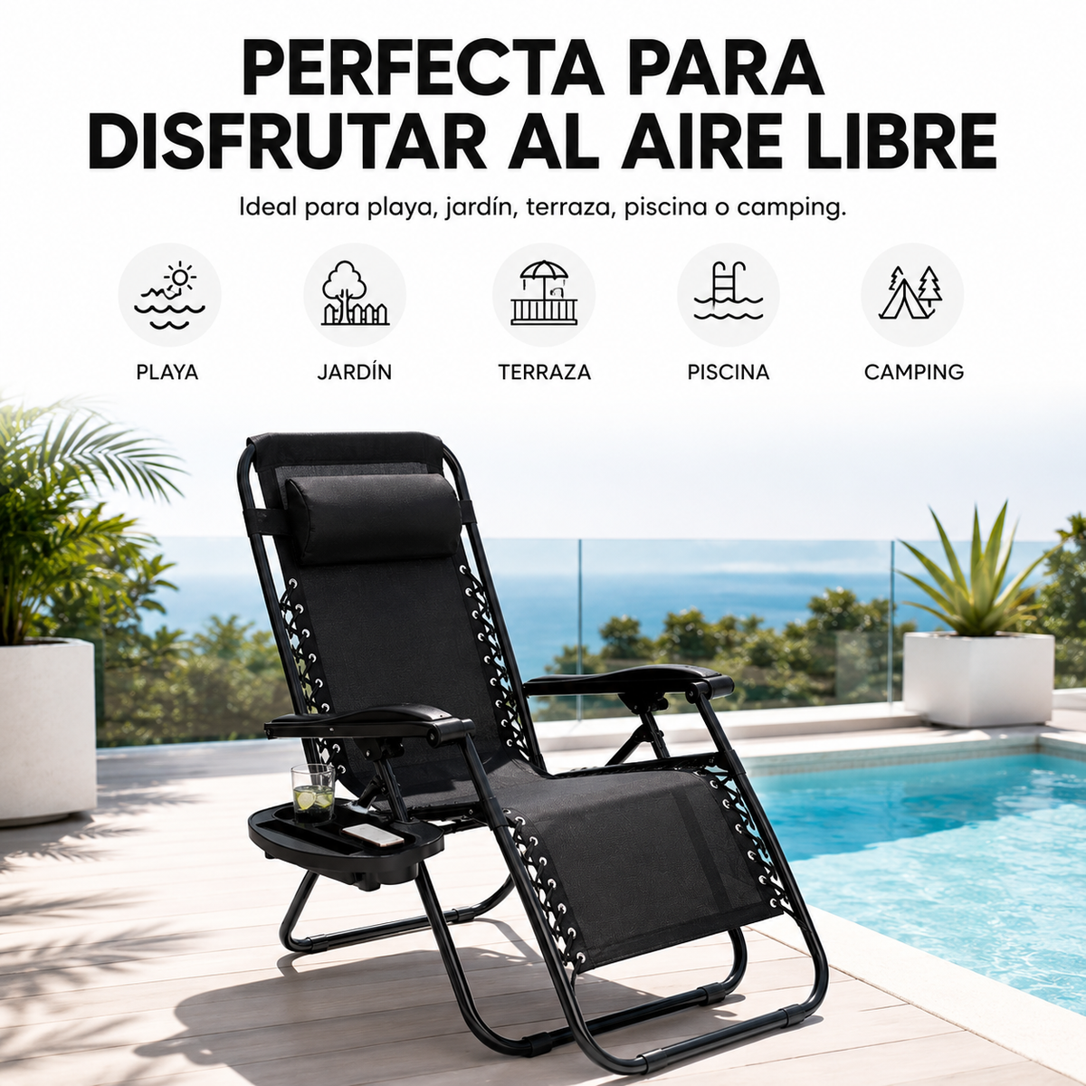 Pack 2 Tumbonas Plegables Playa Negra Con Portavasos
