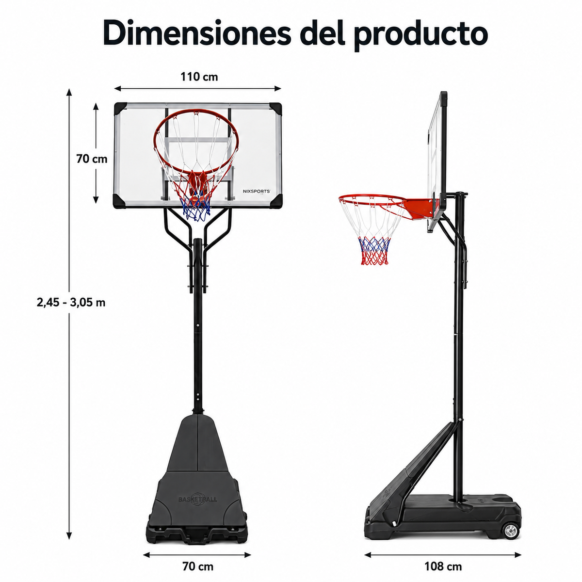 Panier de basket portable avec hauteur réglable 2,45-3,05 m