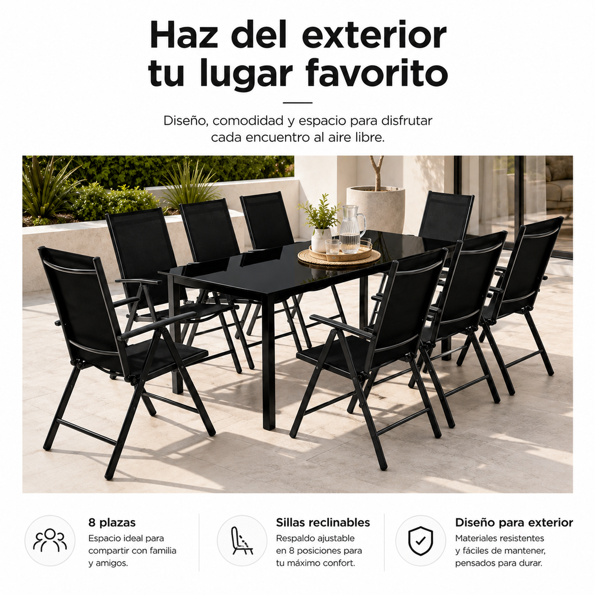 Garten-Set aus beschichtetem Aluminium, 9-teilig, Glastisch