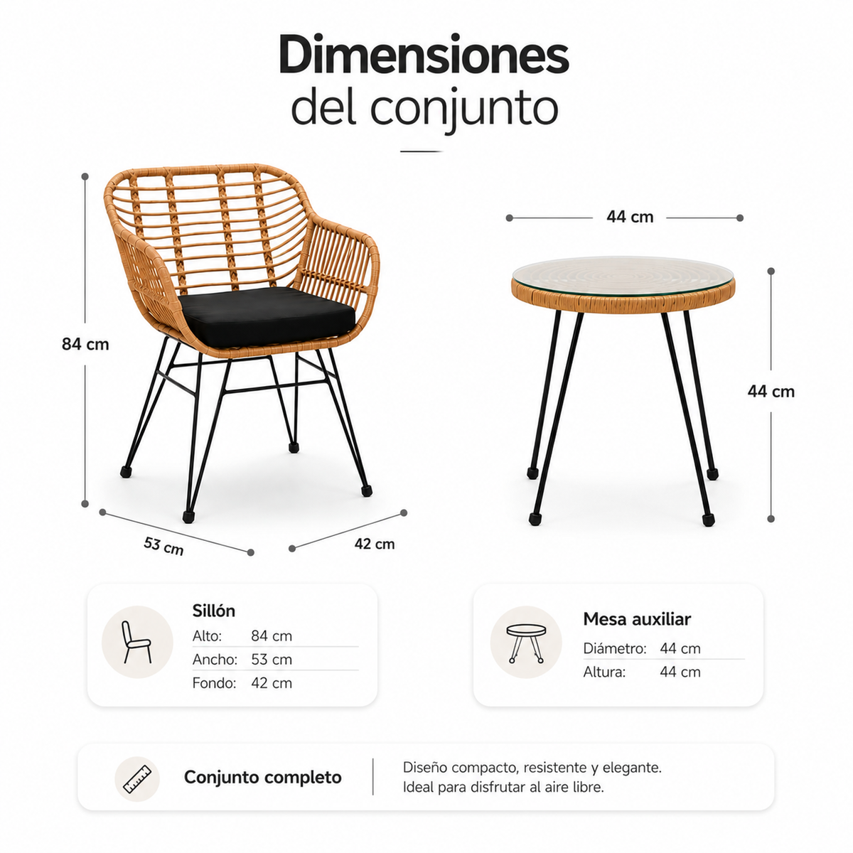 Conjunto Jardín Ratán Con 2 Sillones Y Mesa Redonda Para Terraza Y Balcón