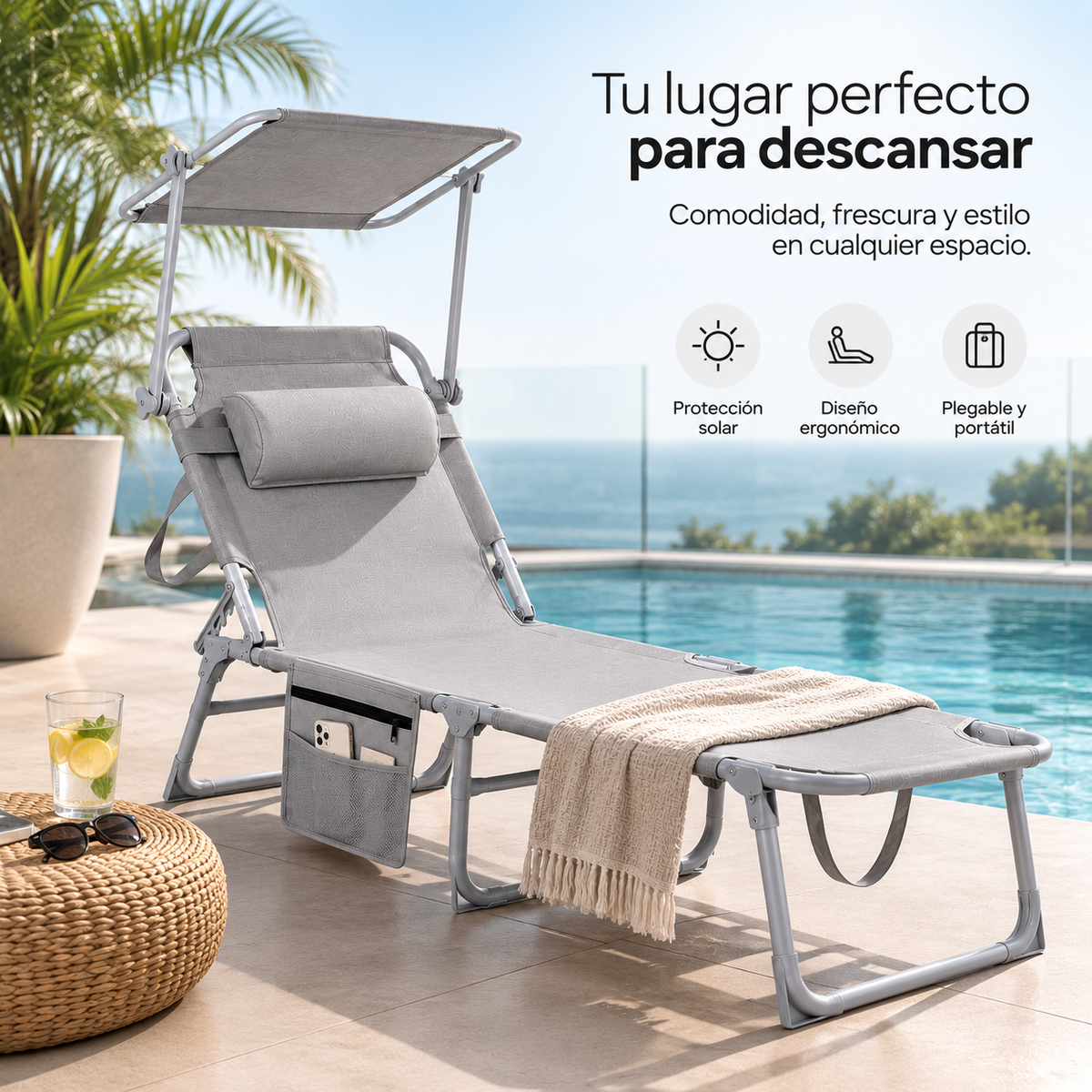 Pack 2 Espreguiçadeiras Dobráveis com Guarda-sol Ajustável para Jardim e Praia