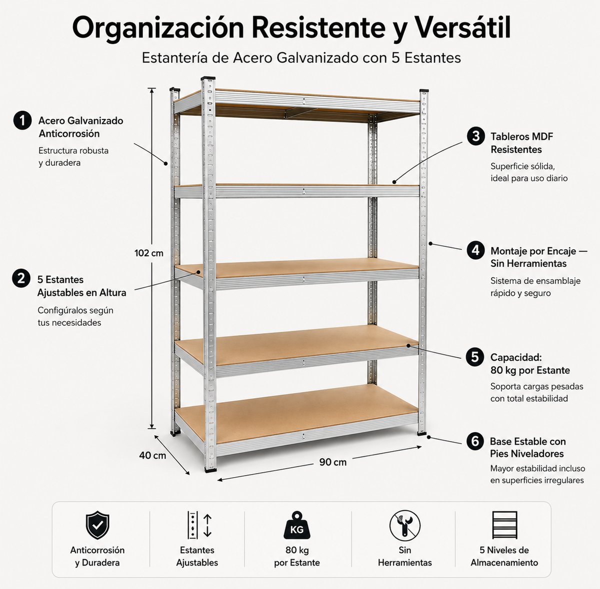Estante Metálico Galvanizado 180x90x40 cm 5 Prateleiras Reforçadas