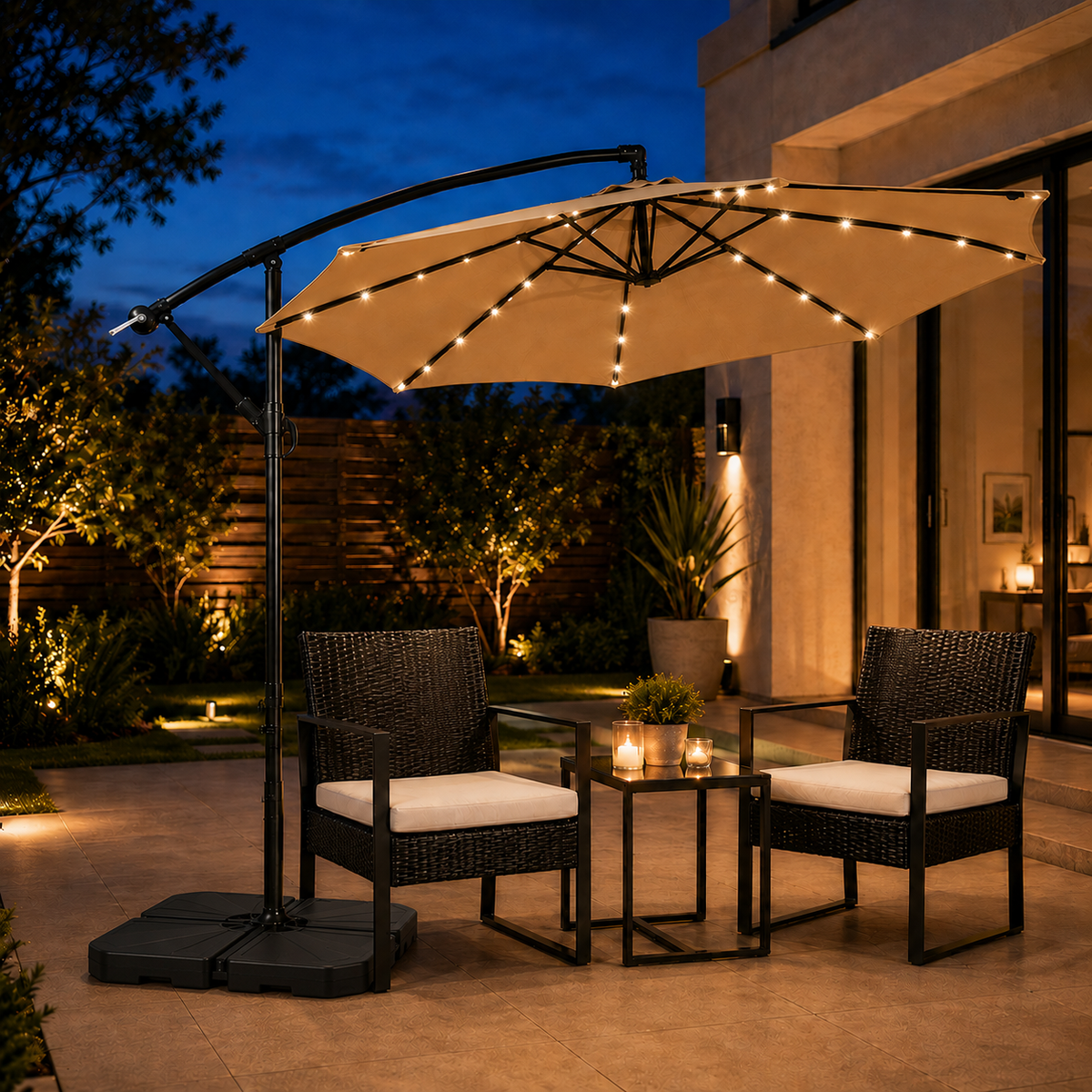 Set ombrellone decentrato 3 m LED beige + base modulare quadrata