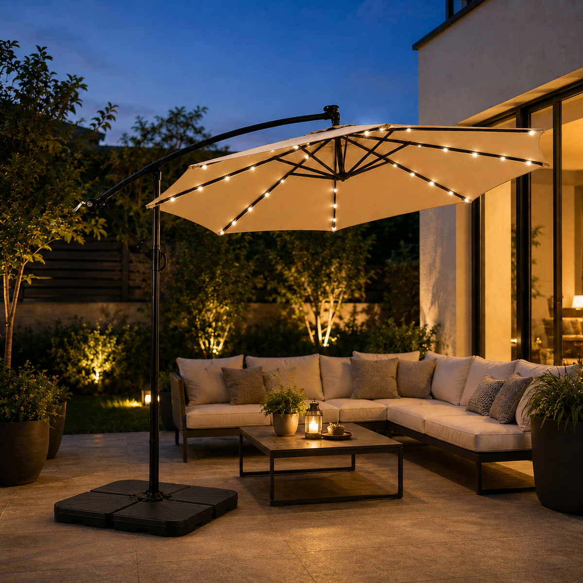 Set ombrellone decentrato 3 m LED beige + base modulare quadrata