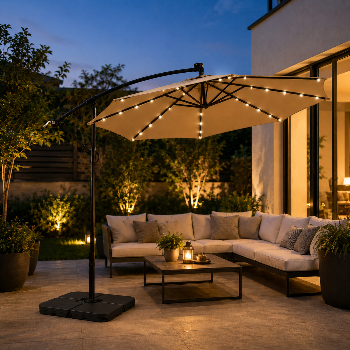 Set 3 m kaki zweefparasol met ledverlichting + vierkante modulaire voet