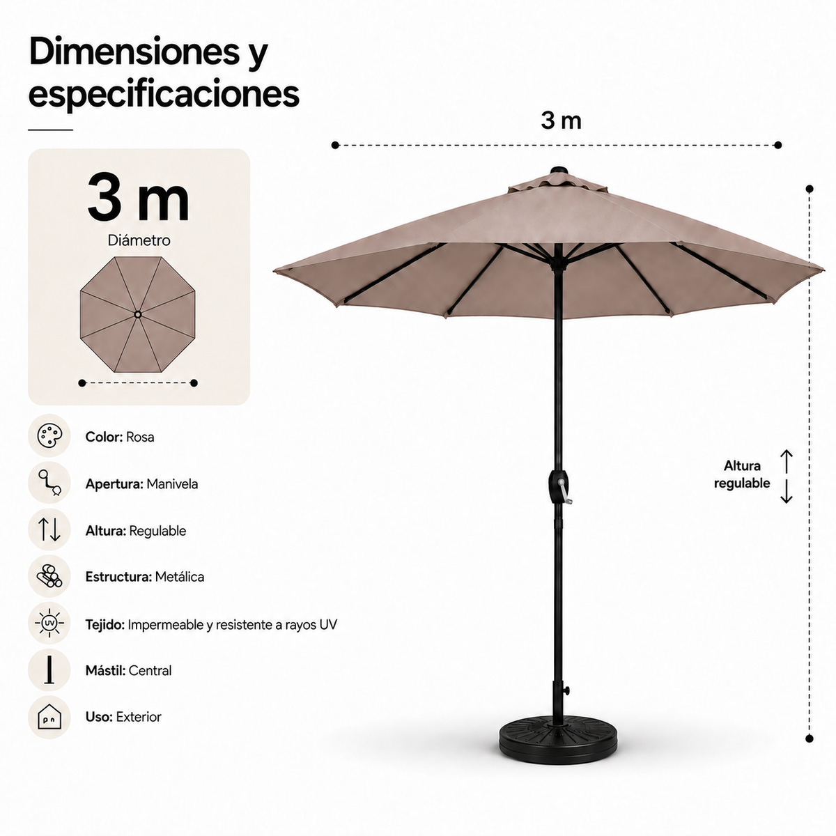 Set ombrellone dritto 3 m kaki + base rotonda riempibile