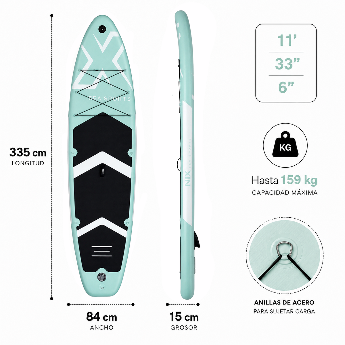 Tabla Paddle Surf Hinchable 11" 335x84x15 cm 159 kg turquesa con accesorios