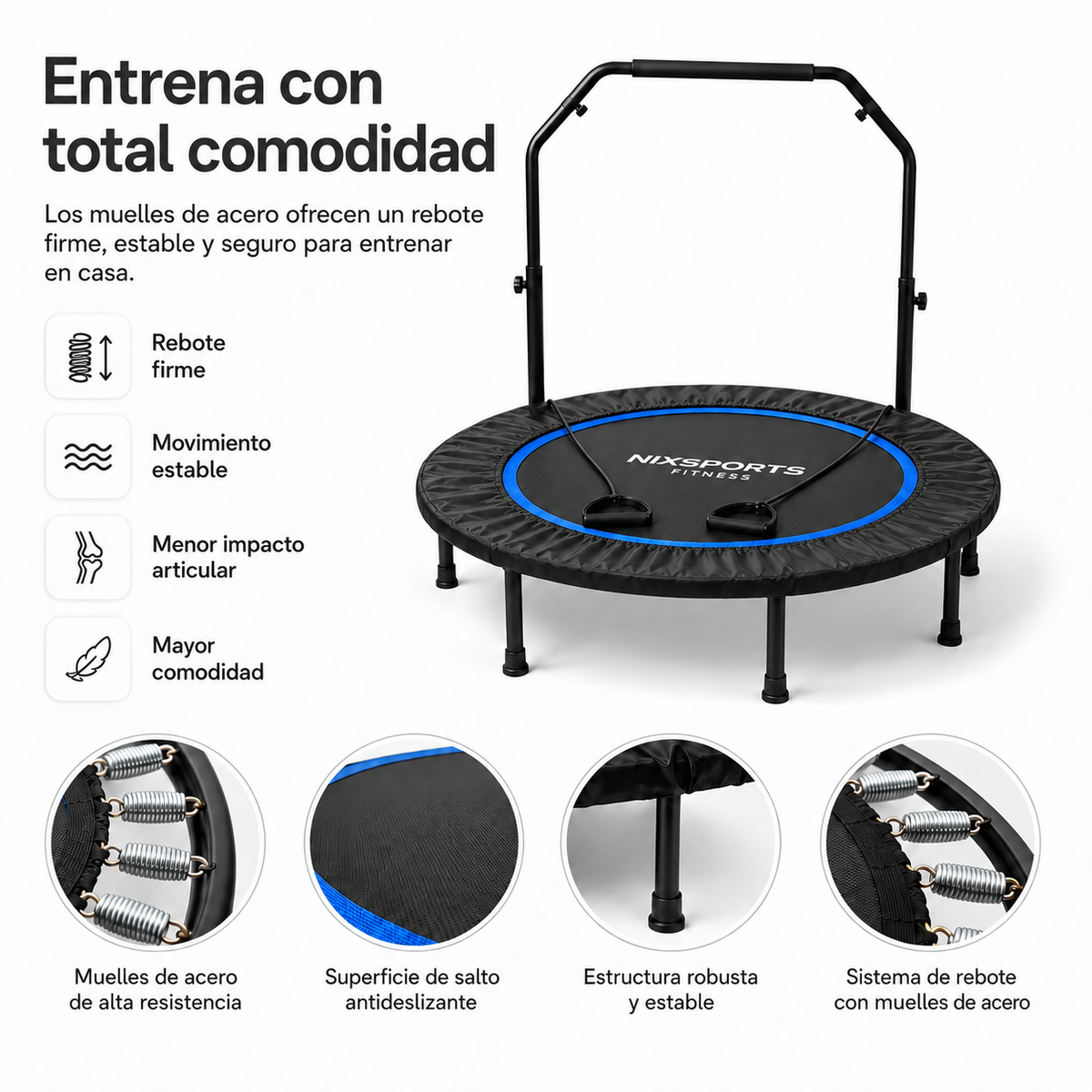 Fitness Trampolin mit Stahlfedern und verstellbarem Haltegriff