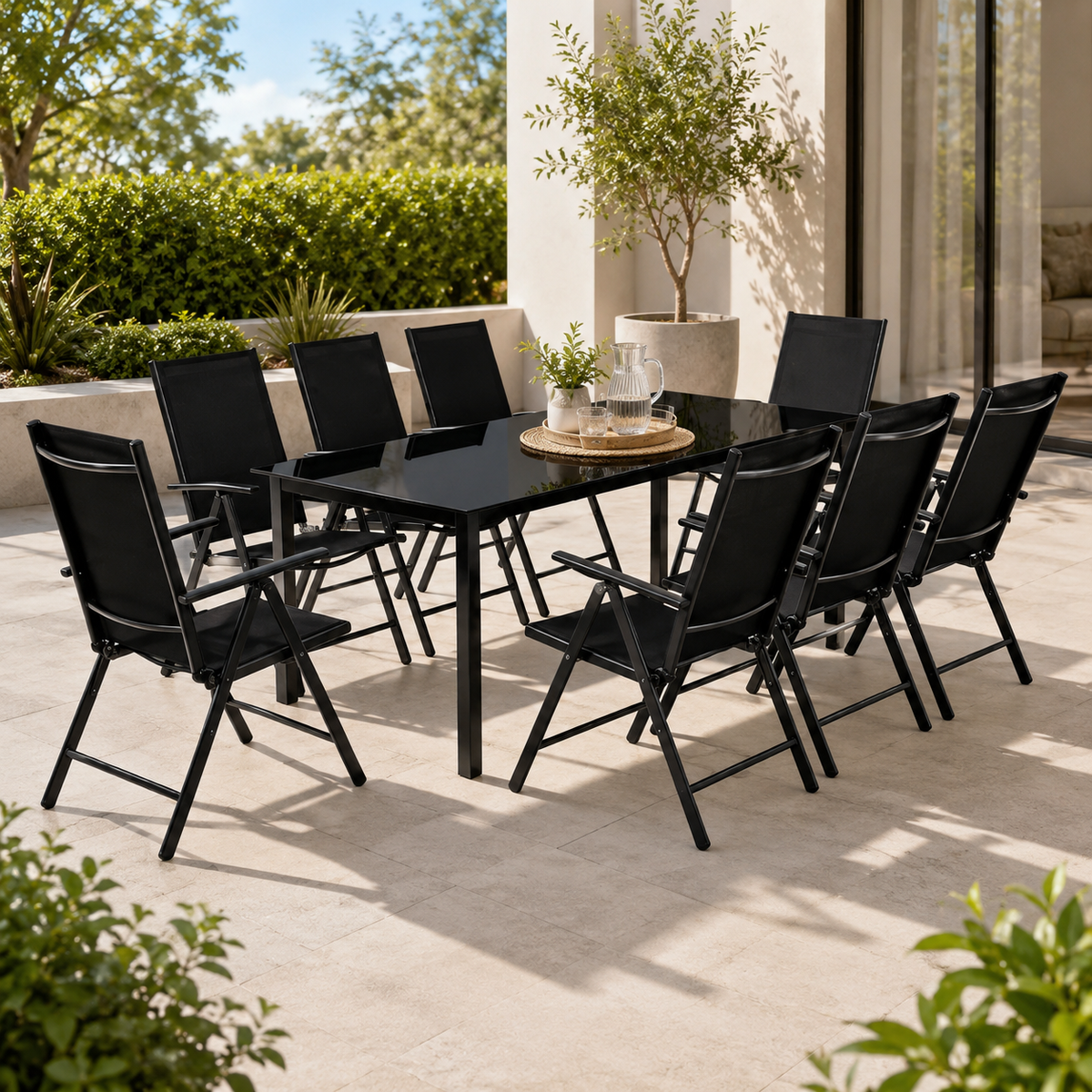 Garten-Set aus beschichtetem Aluminium, 9-teilig, Glastisch