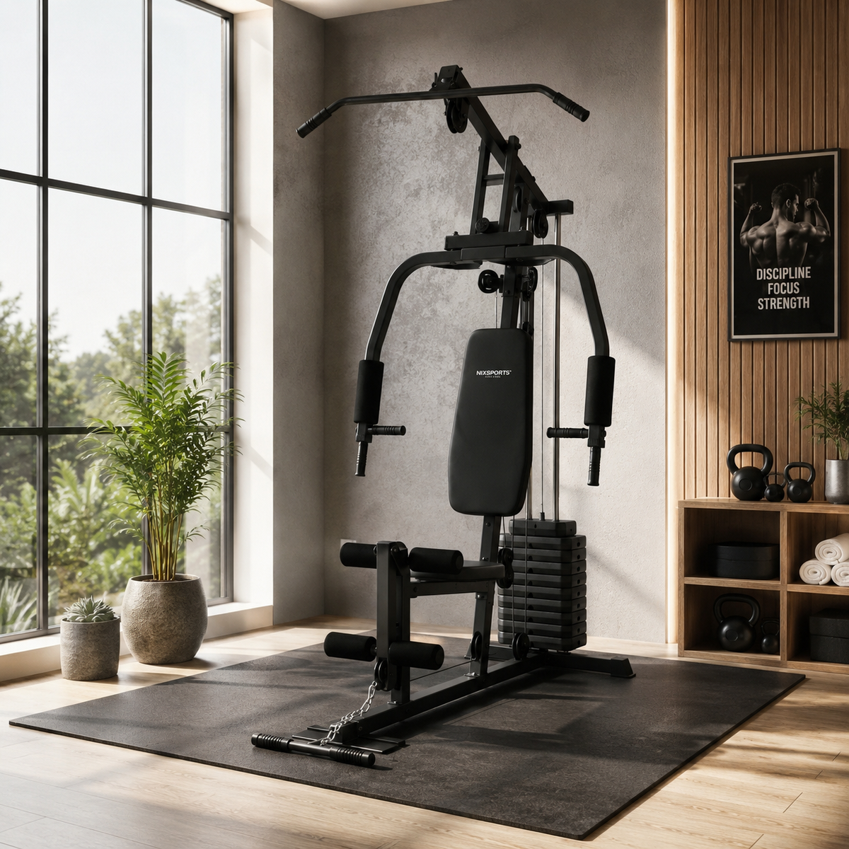 Multifunctioneel krachtstation met katrollen en ergonomische bank