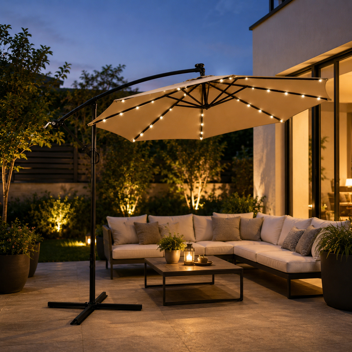 Sombrilla Lateral 3 metros De Jardín Kaki Con LED E Inclinación 360°