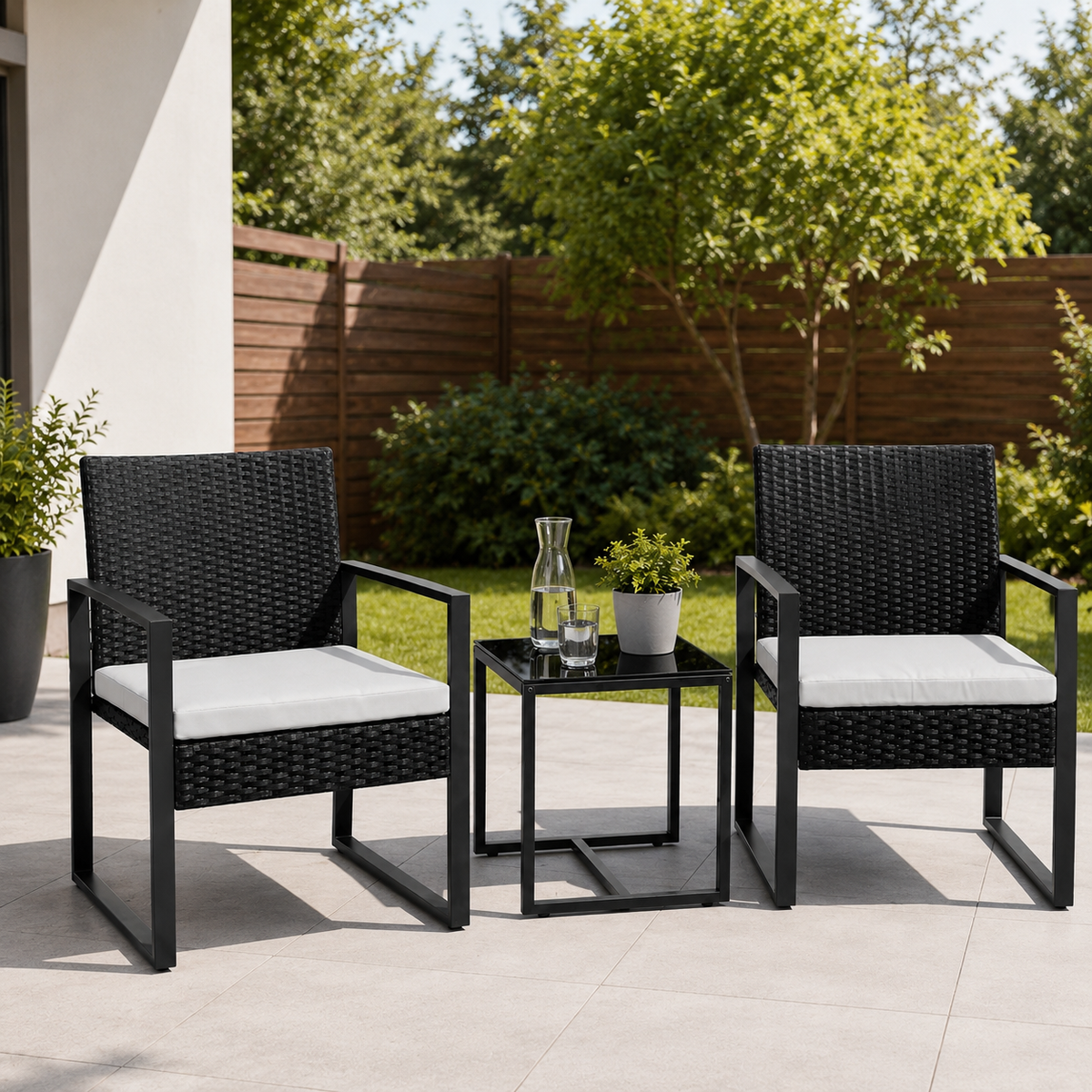 Ensemble de jardin extérieur en rotin PE 3 pièces avec coussins rembourrés