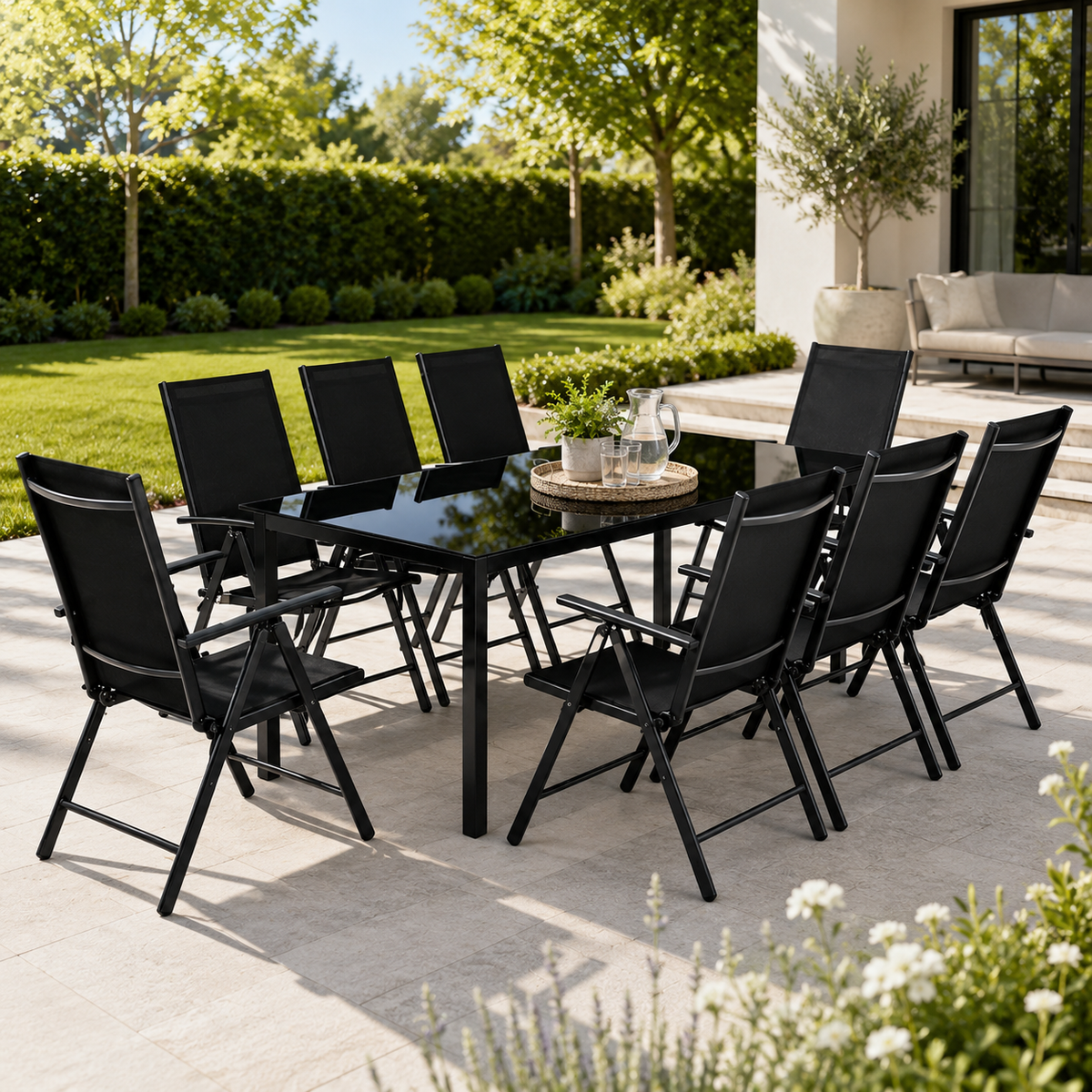 Garten-Set aus beschichtetem Aluminium, 9-teilig, Glastisch