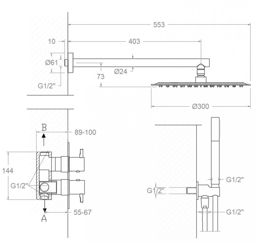 Ramon Soler - Robinet de douche à encastrer thermostatique 2 voies Odisea avec douchette métallique Ø300 mm noir mat