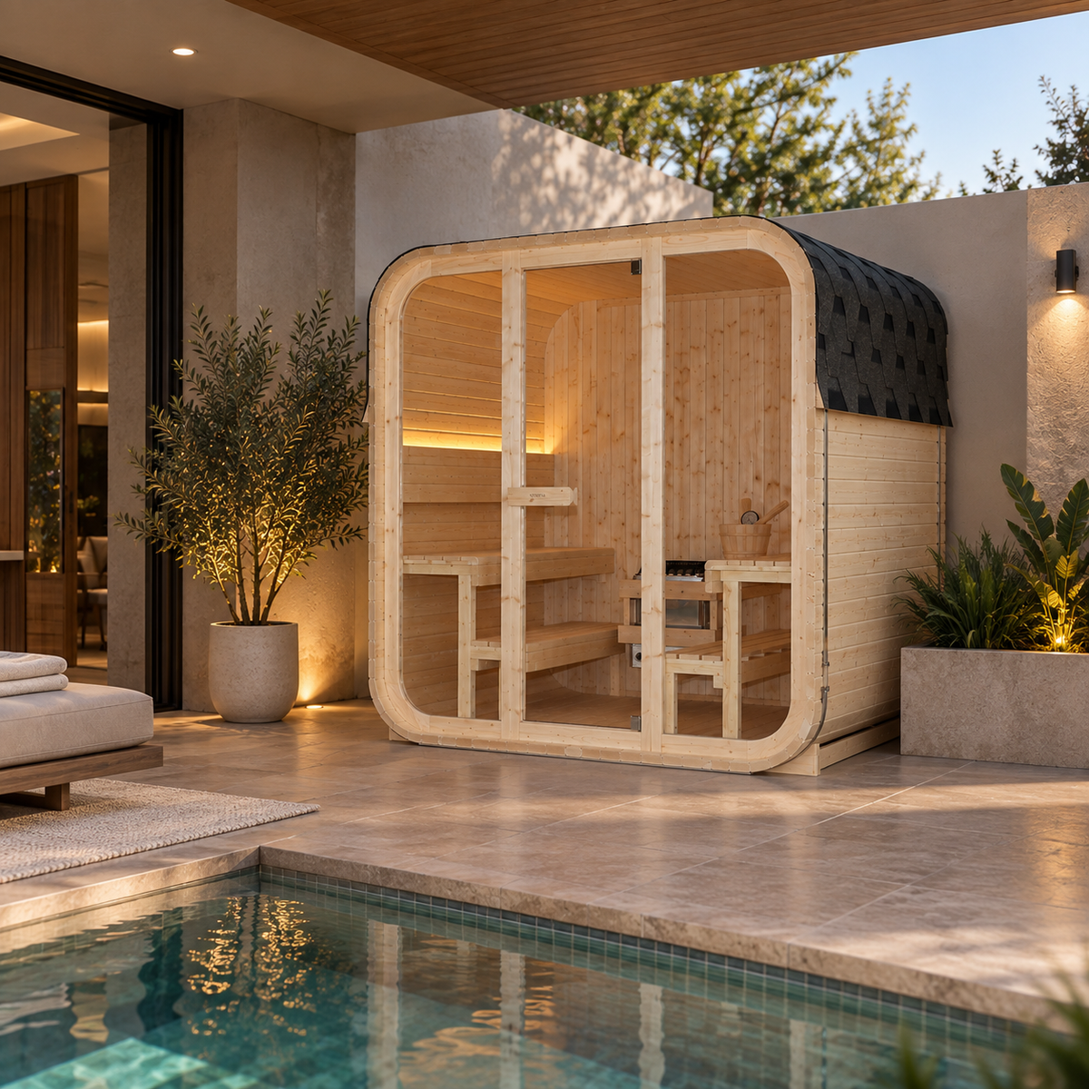 Sauna panoramica da esterno a cubo per giardino per 4-6 persone