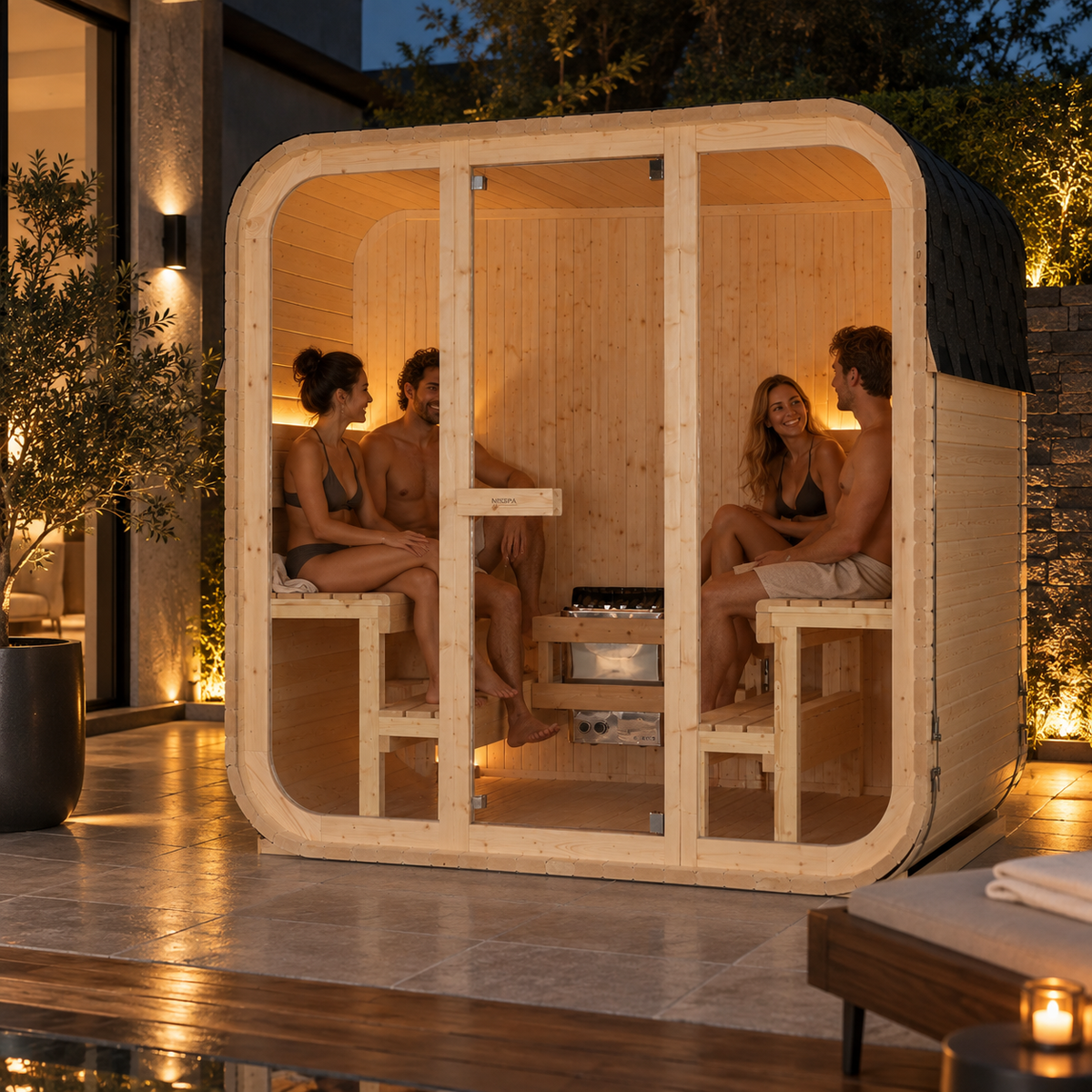 Sauna panoramica da esterno a cubo per giardino per 4-6 persone