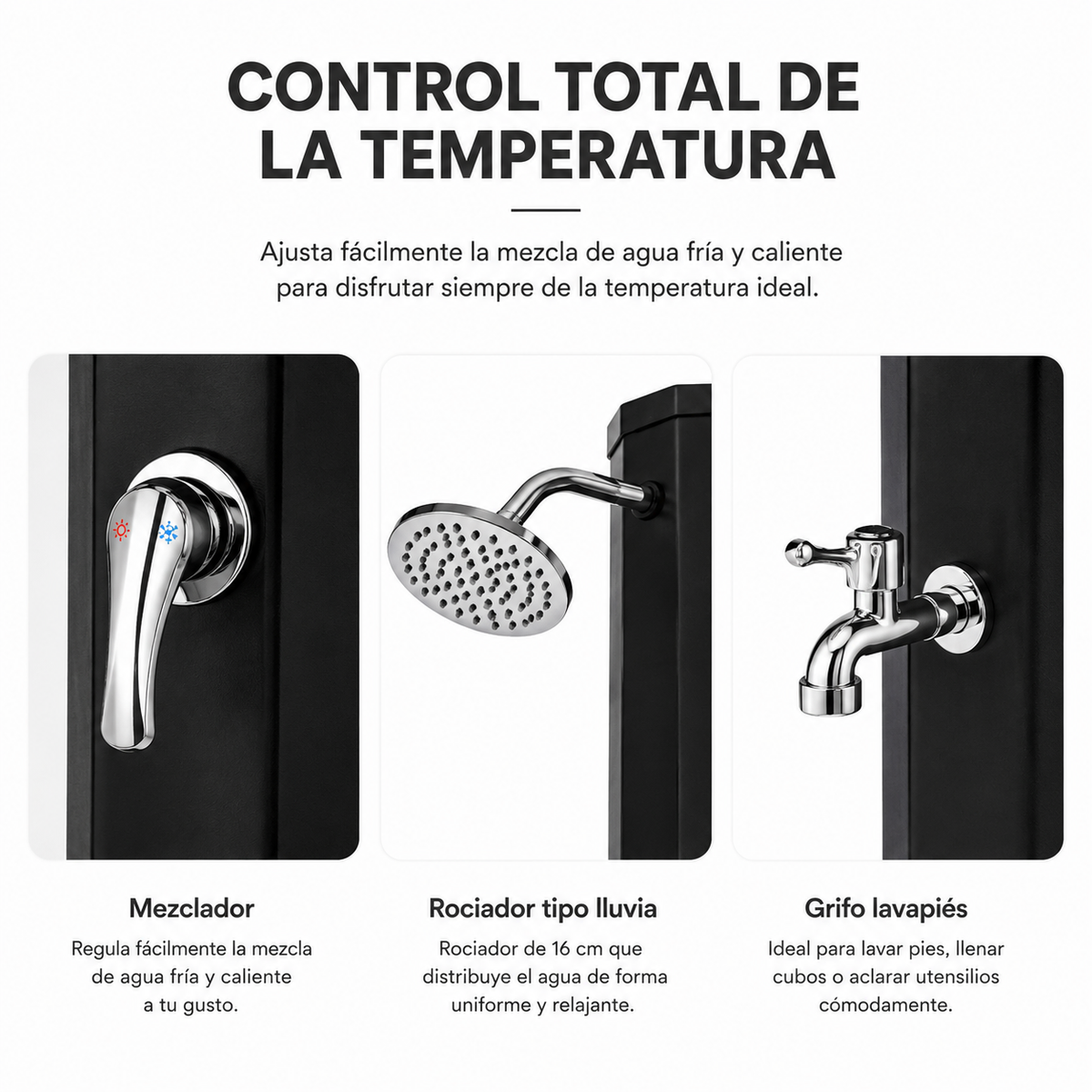 Ducha solar exterior 35L jardín y piscina con grifo lavapiés y rociador negro/plata