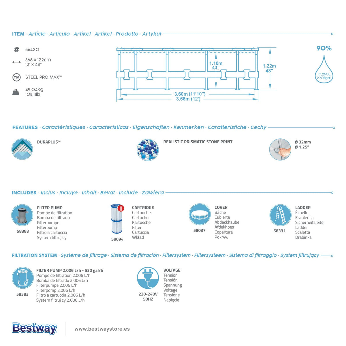 Bestway – Piscina desmontable Steel Pro MAX con filtro (366 × 122 cm) - BricoandPool