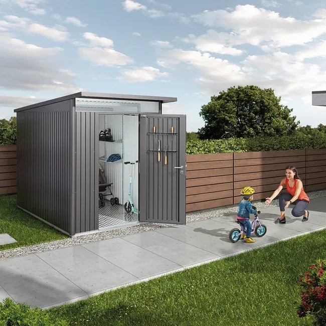 Biohort – AvantGarde Eco Caseta metálica de jardín con techo en atril en color Gris oscuro metálico - BricoandPool