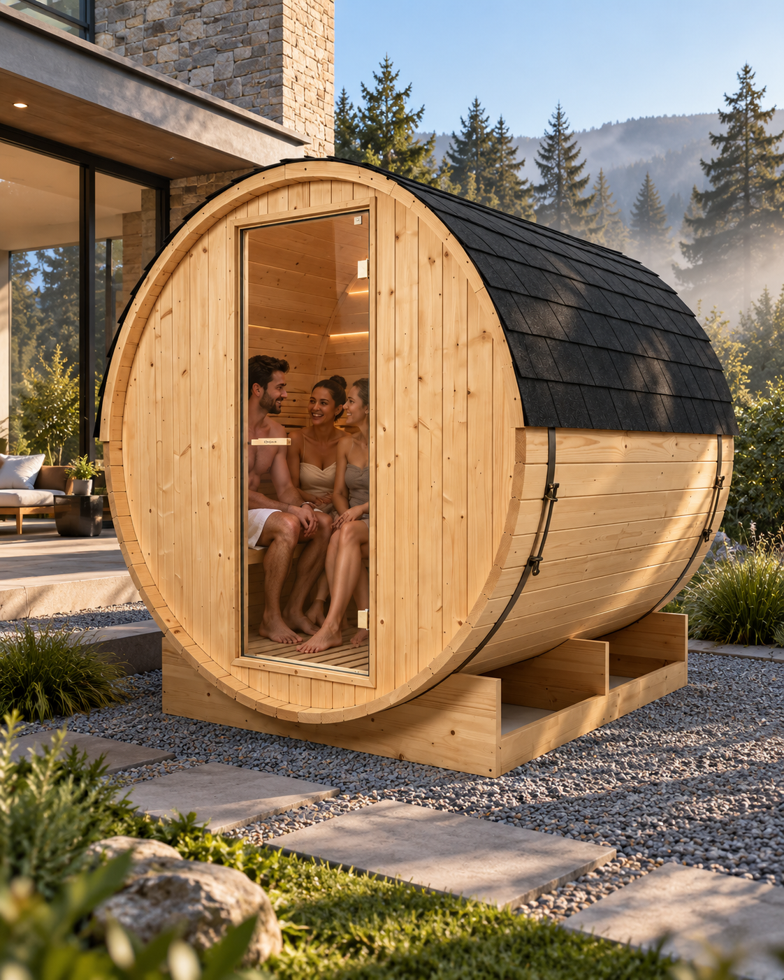 Sauna tonneau extérieur de jardin 3-4 places - ambiance