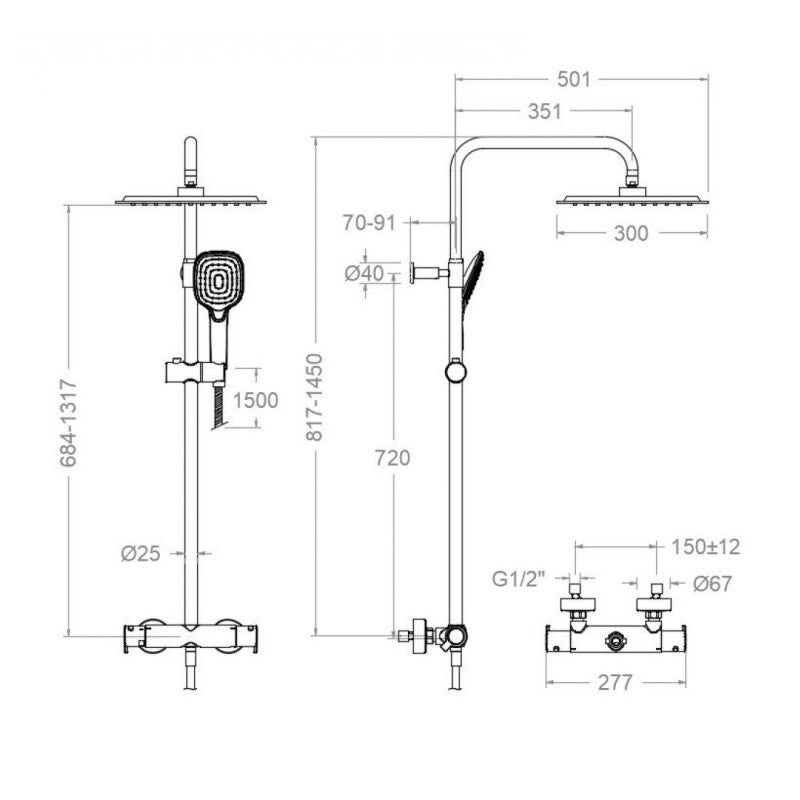 Ramon Soler – Blautherm, Teleskop-Duschsäule mit Thermostat und quadratischer Kopfbrause 300 mm, Chrom – BricoandPool