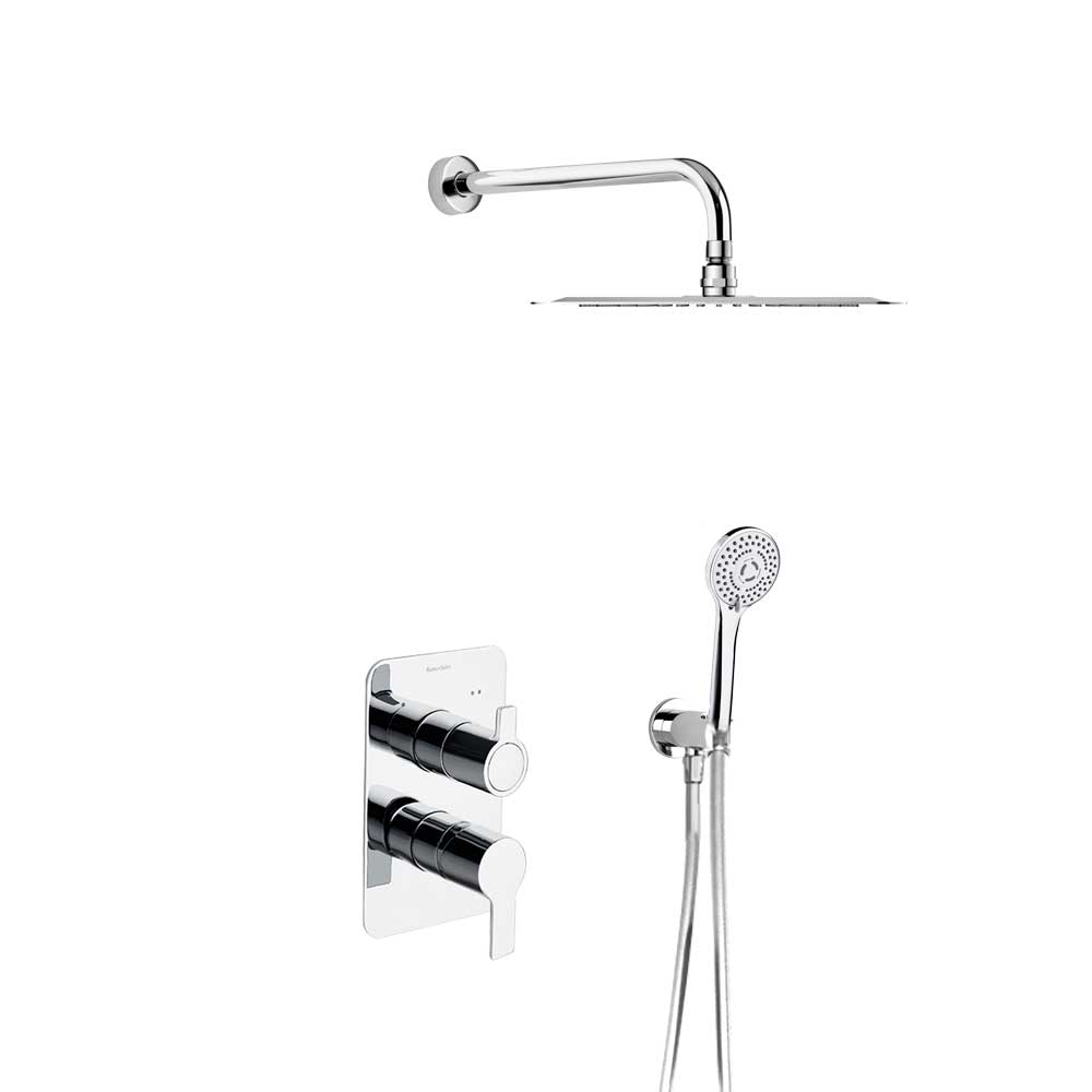 Ramon Soler - Blautherm, conjunto monomando metálico empotrado 2 vías con soporte, toma de agua, teleducha y rociador metálico redondo Ø250mm, cromo - BricoandPool