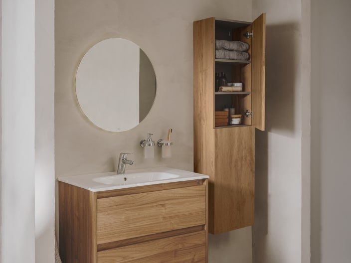 Roca - Meuble sous-vasque Tenet pack 3 tiroirs, lavabo, miroir et applique LED noyer - BricoandPool