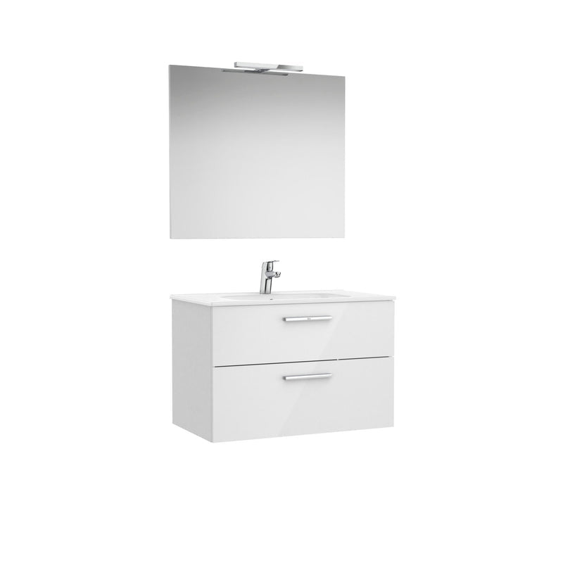 Roca - Victoria Mueble base Pack de dos cajones, lavabo, espejo y aplique LED Starlight Blanco brillo - BricoandPool