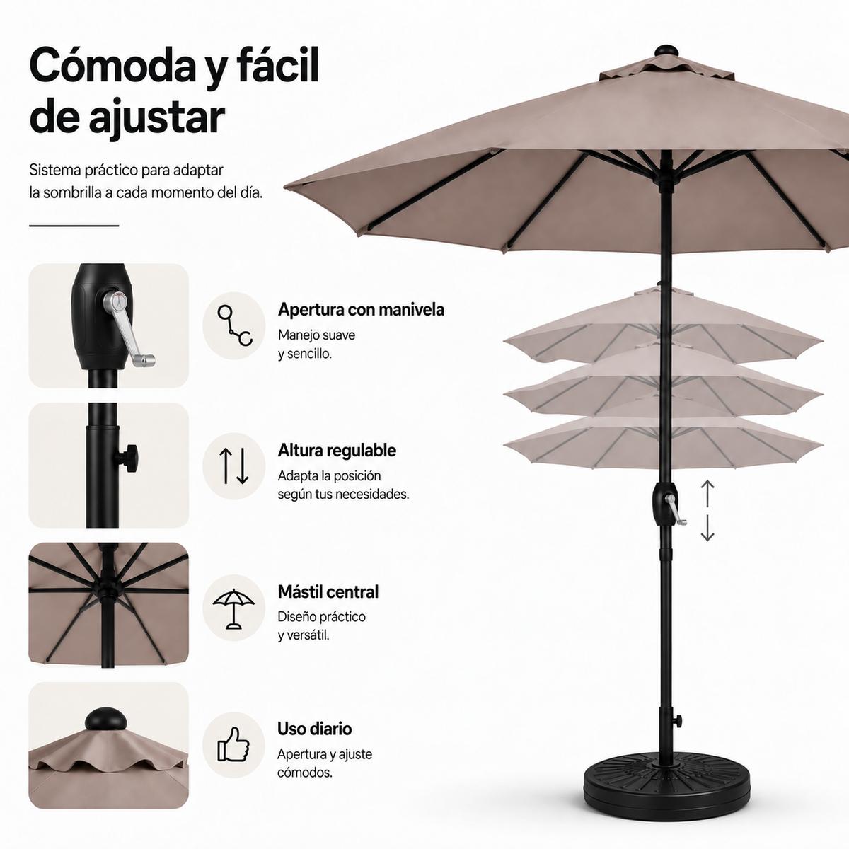 Set ombrellone dritto 3 m kaki + base rotonda riempibile