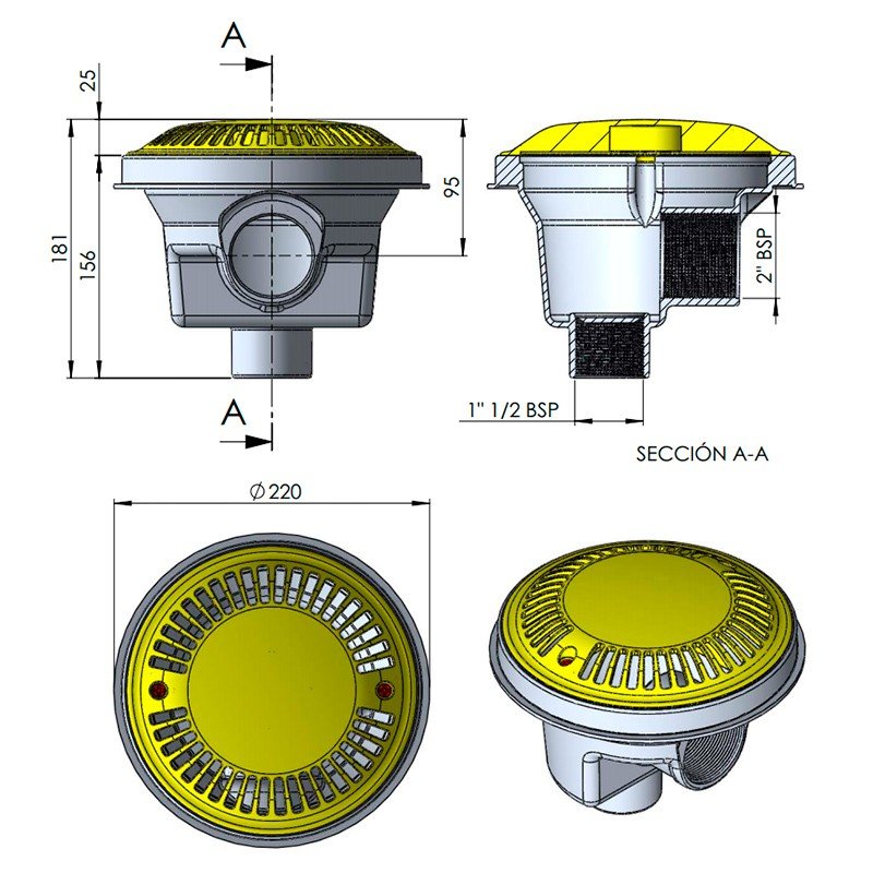 Sumidero circular Ø 200 mm con rejilla antivortex AstralPool - BricoandPool